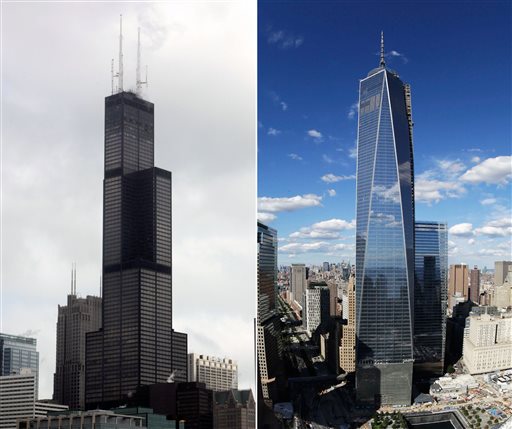 This combination made from file photos shows Willis Tower, formerly known as the Sears Tower, in Chicago on March 12, 2008, left, and One World Trade Center in New York on Sept. 5, 2013.