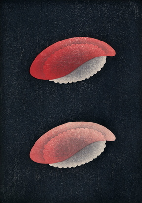 Shoji Hiyamto’s “Red and Fatty Tunas,” water-based ink woodblock.
