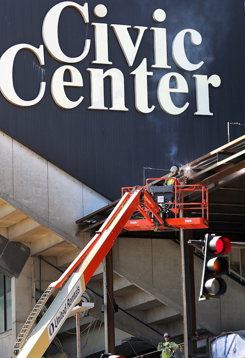 A worker welds a steel beam on the exterior of the Cumberland County Civic Center. Some readers aren’t all that upset by the loss of the Portland Pirates, favoring more profitable options or even a brand-new team.