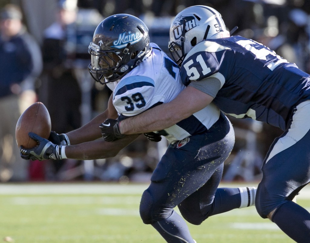Rickey Stevens of Maine, left, gained 86 yards against New Hampshire in the first game, and will be a key to the ground game as the Black Bears seek a more balanced offense.