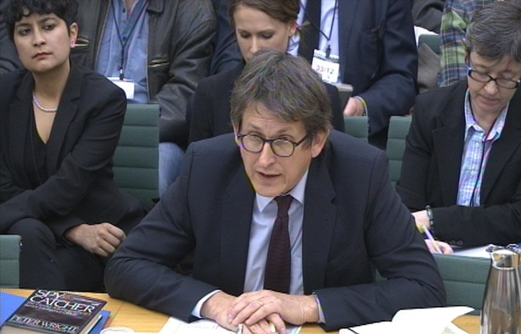 Editor of The Guardian newspaper Alan Rusbridger gives evidence to the Commons Home Affairs Committee hearing on counter-terrorism at Portcullis House, central London, Tuesday, Dec. 3, 2013. Alan Rusbridger has been questioned by Parliament’s home affairs committee as part of a session on counter-terrorism, following The Guardian’s publishing of a series of stories based on Edward Snowden’s leaks disclosing the scale of surveillance by spy agencies in the United States and Britain. The editor of The Guardian says his newspaper has published just 1 percent of the material it received from former National Security Agency contractor Snowden and “made very selective judgments” about what to publish and had not revealed any intelligence staffers’ names. He said: “We have published no names and we have lost control of no names.” Government and intelligence officials have said the leaks compromised British security and aided terrorists.