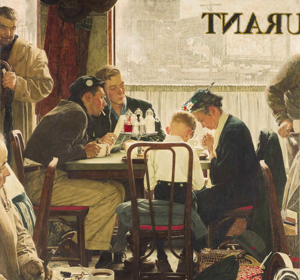 Norman Rockwell’s “Saying Grace” is inspired by a Mennonite family observed praying in a restaurant.