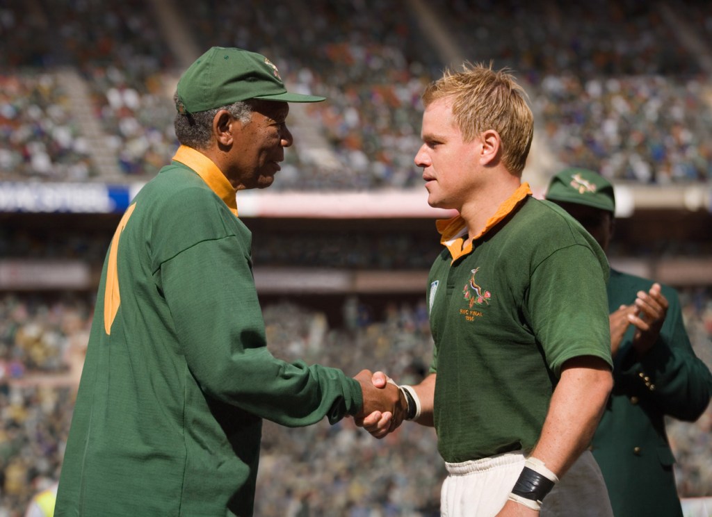 In this film publicity image released by Warner Bros.,Morgan Freeman portrays Nelson Mandela, left, and Matt Damon portrays Francois Pienaar in a scene from the film, "Invictus." From the 1960s, when he was a political prisoner and South Africa was under the laws of apartheid, right up to recent times, when apartheid had fallen and he was among the world’s most admired people, Mandela inspired concerts, songs, poems, fiction and movies.