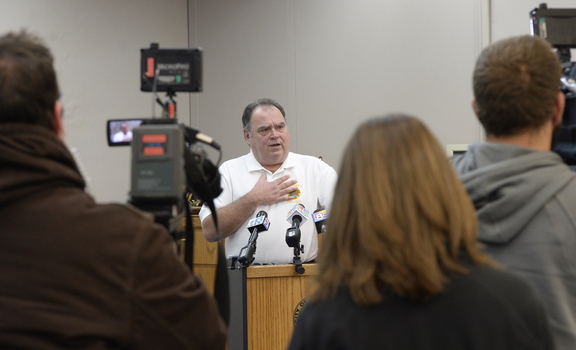 Biddeford Police Chief Roger Beaupre speaks with the media at the Biddeford Police Department on Friday.