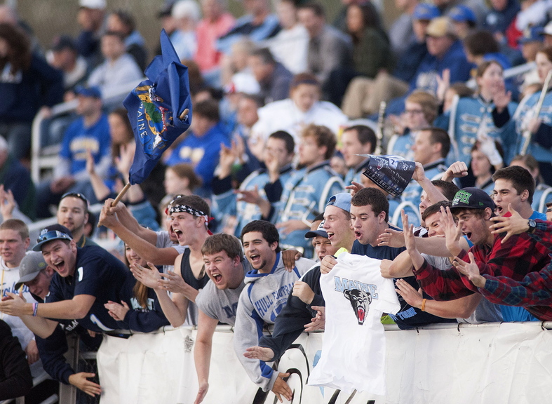 Maine fans celebrate in the second half of an NCAA football game against Delaware in Orono on Oct. 5. In this year’s five regular-season home games, all victories, Maine drew an average crowd of 5,533.