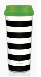 Kate Spade's black and white mug with a sassy green lid could be given with some coffee, tea or cocoa.
