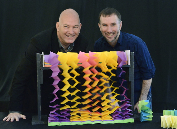 Fritz Grobe and Stephen Voltz work on new projects like this one called "Sticky Note Waterfall" in their Buckfield lab. Tuesday, December 3, 2013. John Patriquin/Staff Photographer.