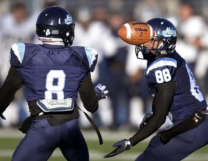 The game didn’t start on a good note for UMaine, after a miscommunication between Derrick Johnson, left, and Damarr Aultman led to a fumble on the opening kickoff. The Black Bears recovered but went on to lose to New Hampshire, 41-27.