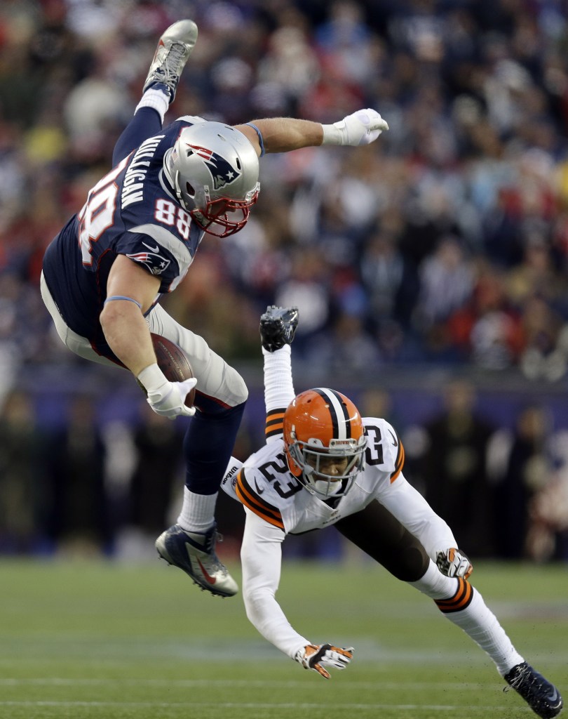 Former Black Bear Matthew Mulligan might not be Rob Gronkowski, but as he shows Cleveland cornerback Joe Haden, he’ll hurdle any obstacle.