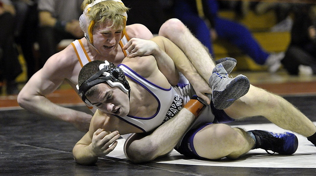 Jackson Howarth of Marshwood, bottom, won a state title at 145 pounds last season. He is likely to move up a weight class or two. He has 93 wins in his first two years.