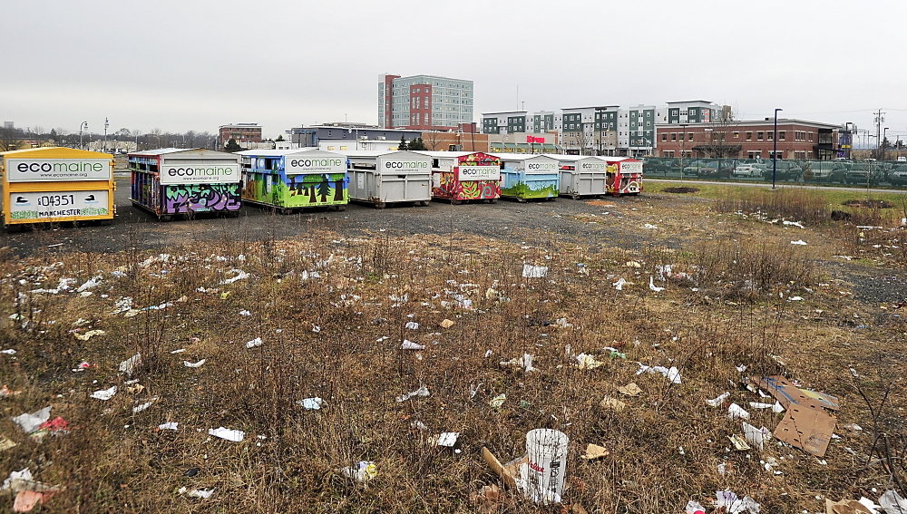 The site of the proposed first phase of the 'midtown' development in Bayside, where ecomaine recycling containers currently reside.