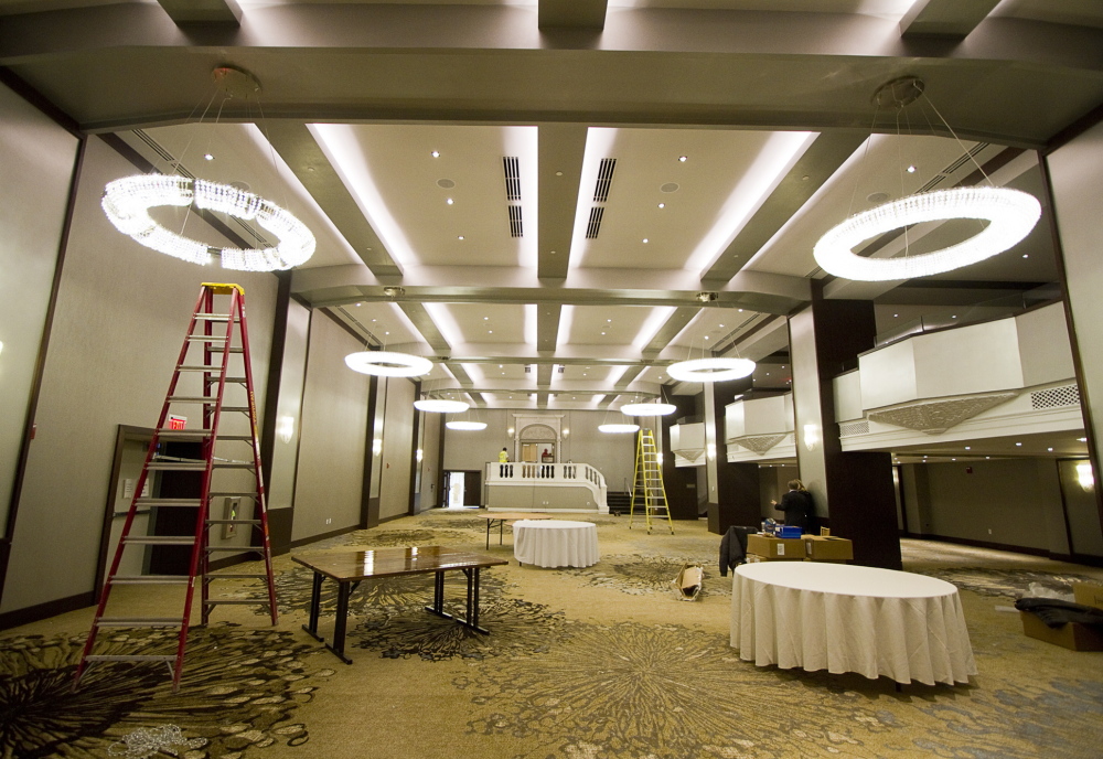 The Ballroom of the Westin Portland Harborview Hotel, formerly the Eastland, receives finishing touches in preparation for its grand reopening Thursday.