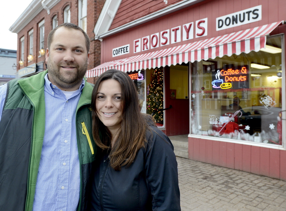 Nels and Shelby Omdal bought Frosty’s Donuts in Brunswick, shown here, two years ago. They have added shops in Bath and Freeport and have a contract to provide doughnuts to Hannaford supermarkets.