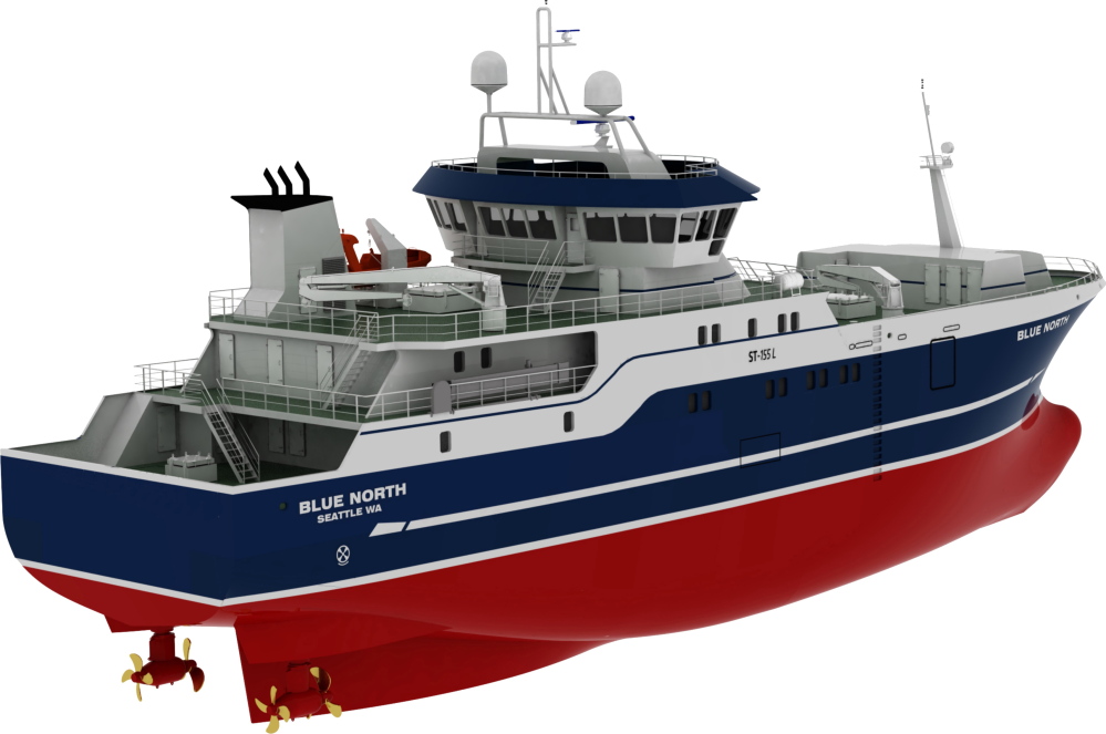 This computer drawing provided by Blue North Fisheries shows a new 191-foot commercial fishing boat design. The boat is intended to be safer for workers by positioning fishermen behind the protection of the boat’s hull instead of up on deck.
