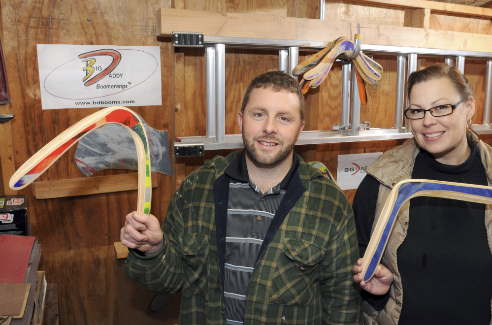 Jeff and Kari LeBeau produce wooden and plastic boomerangs in Springfield, Mass. Their three sons help with design ideas for the family business, Big Daddy Boomerangs.