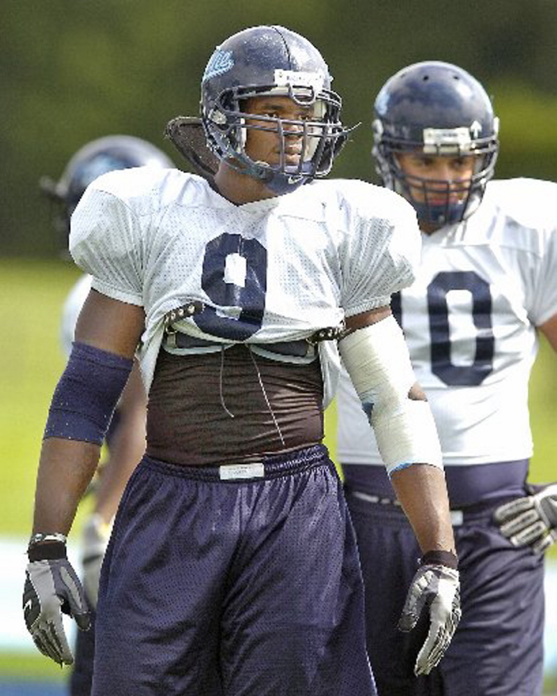 UMaine player Jovan Belcher is seen at practice in August 2008. He was a member of the student organization Male Athletes Against Violence at the school, according to a professor who founded the group.