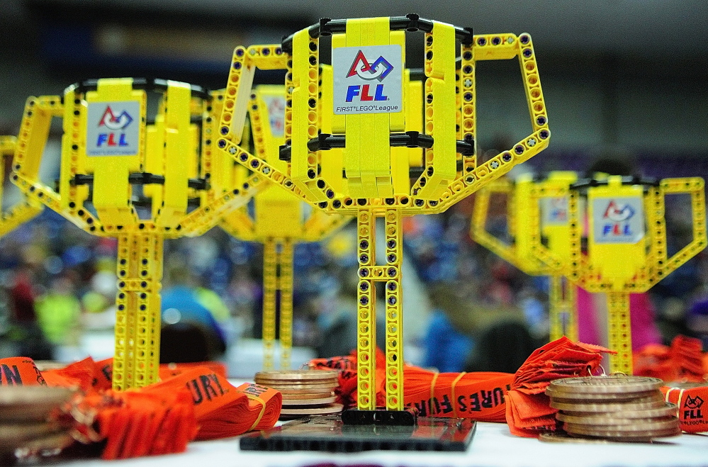 The trophies at the Maine FIRST Lego League Championship are made of Legos.