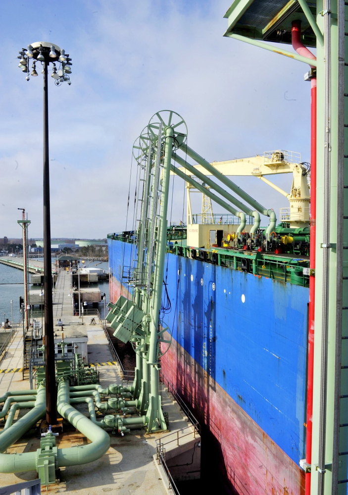 Oil is unloaded from a tanker at Portland Pipe Line’s South Portland pier.