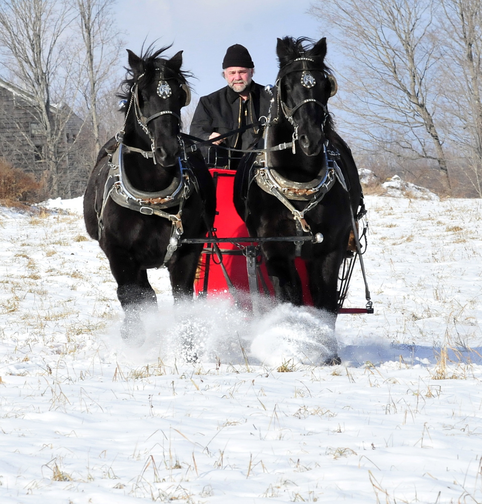 Steve Lemieux and his horses Hector and Tinoir go for a sleigh ride across a field near his home in Fairfield.