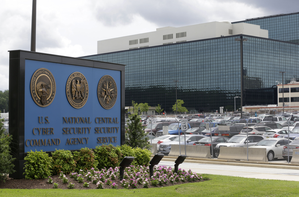 A sign marks the National Security Agency campus in Fort Meade, Md. A federal judge says the NSA’s bulk collection of phone records violates the Constitution’s ban on unreasonable searches. The judge put his decision on hold pending a nearly certain government appeal.