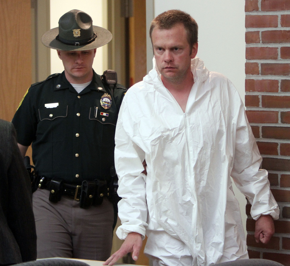 James Perriello arrives at District Court in Newport, N.H. Perriello shot his wife to death in a jealous rage as their young son slept nearby.