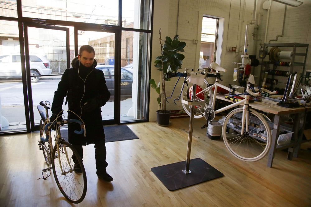 Assaf Biderman, co-inventor of the Copenhagen Wheel and Associate Director of the SENSEable City Laboratory at MIT, arrives at Superpedestrian, his venture-backed company in Cambridge, Mass. The Copenhagen Wheel is a human/electric hybrid bicycle engine built into a bicycle’s back wheel.