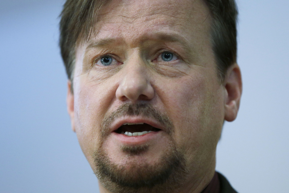 The Rev. Frank Schaefer, a United Methodist clergyman convicted of breaking church law for officiating at his son’s same-sex wedding, speaks at a news conference on Monday in Philadelphia, where he vowed to defy a church order to surrender his credentials for performing a same-sex wedding.