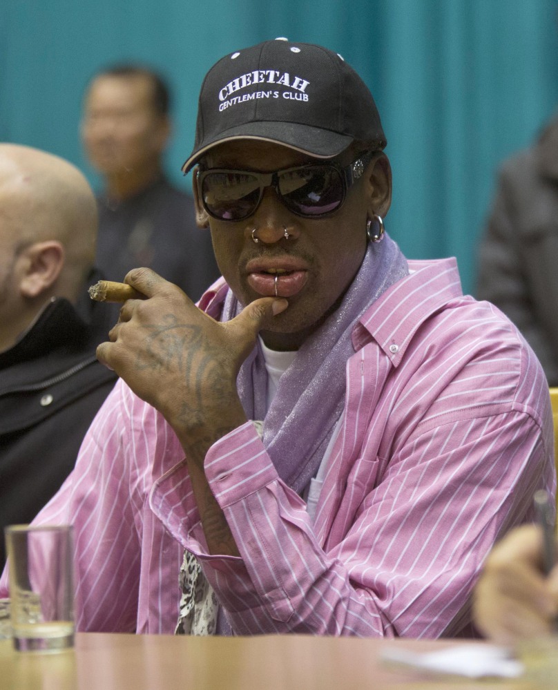 Dennis Rodman watches potential players in Pyongyang, North Korea, on Friday.