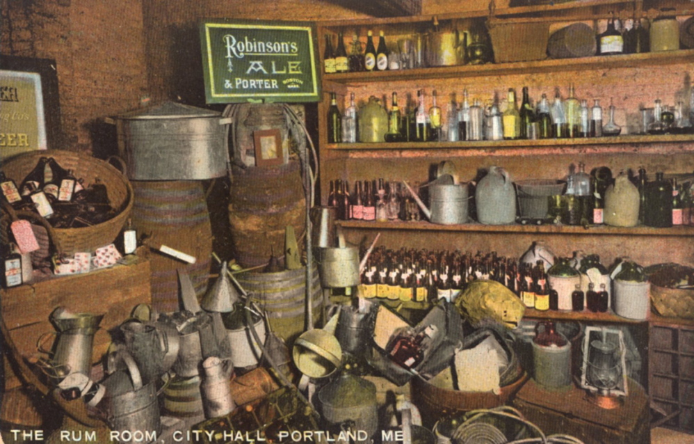 The Rum Room in Portland City Hall, where confiscated liquor and liquor-making equipment was stored, from a postcard mailed in 1928.