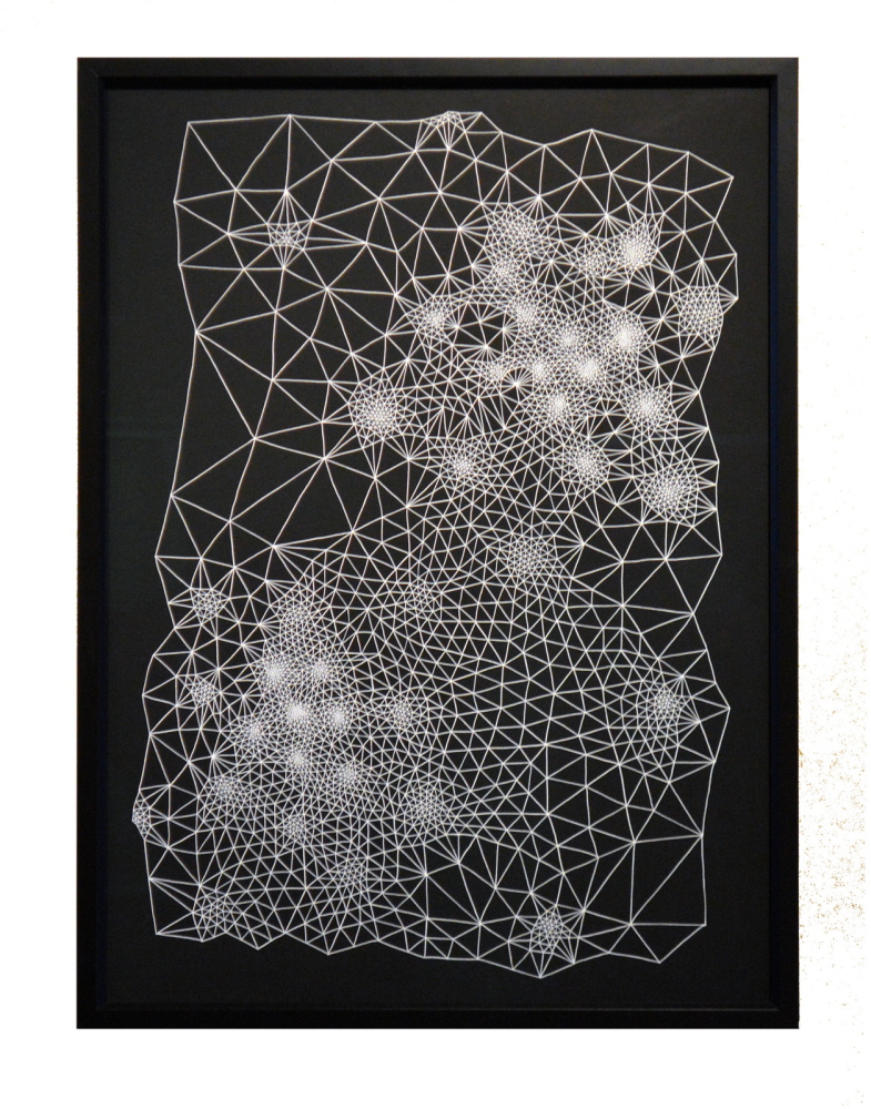 Clint Fulkerson’s drawing are presented in black ink on white paper, or white on black.