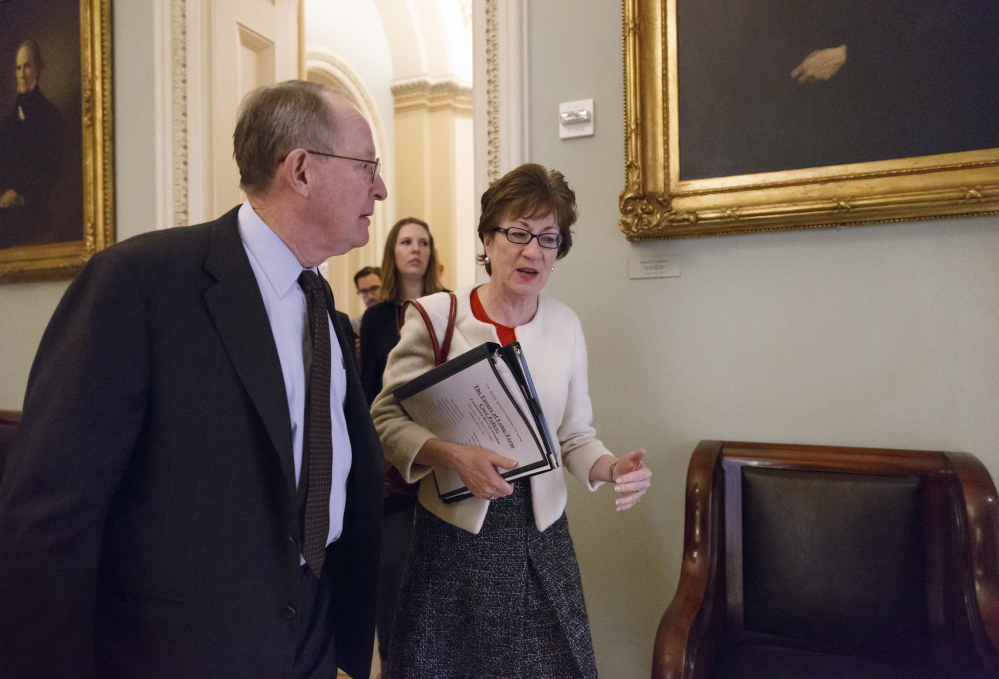 Sen. Susan Collins, R-Maine, talks with Sen. Lamar Alexander, R-Tenn., last week at the Capitol in Washington. Collins serves on a special committee on aging looking into concerns about long-term care.