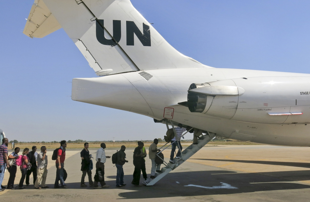 The United Nations Mission in South Sudan relocates non-critical staff from Juba, South Sudan, on Sunday. Civilian helicopters evacuated U.S. citizens from the violent South Sudan city of Bor, capital of Jonglei state.