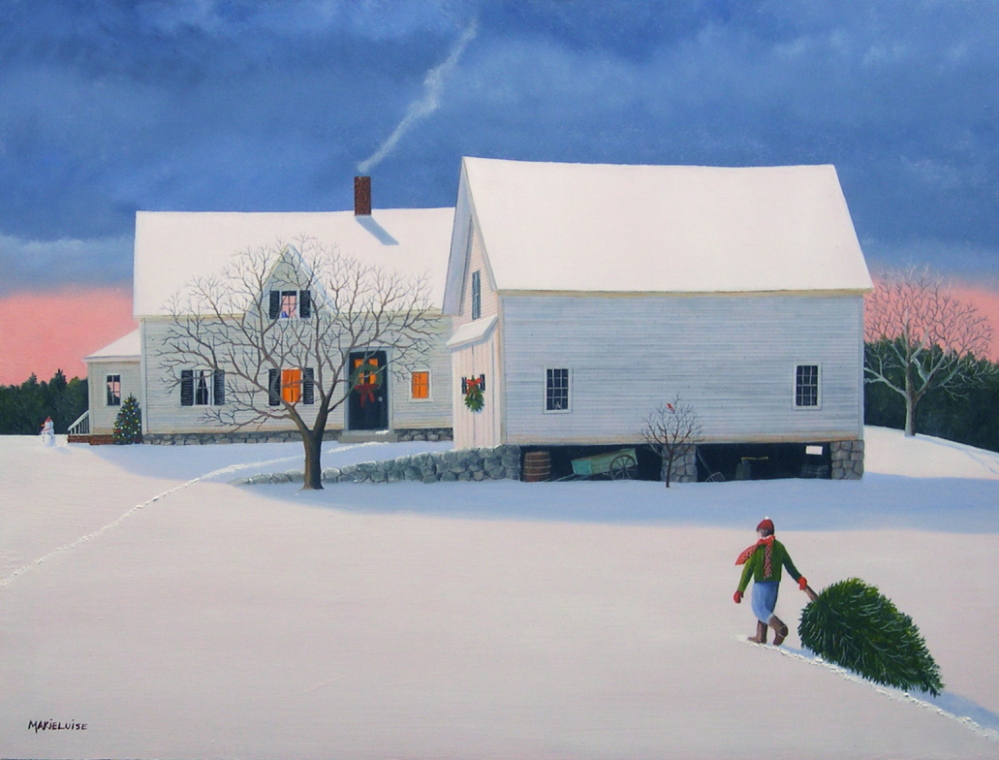 A painting called “The Perfect Tree,” based on a scene in Owls Head, exemplifies the work of Marieluise Hutchinson, whose work captures the essence of the New England she recalls from the 1940’s and ’50s.