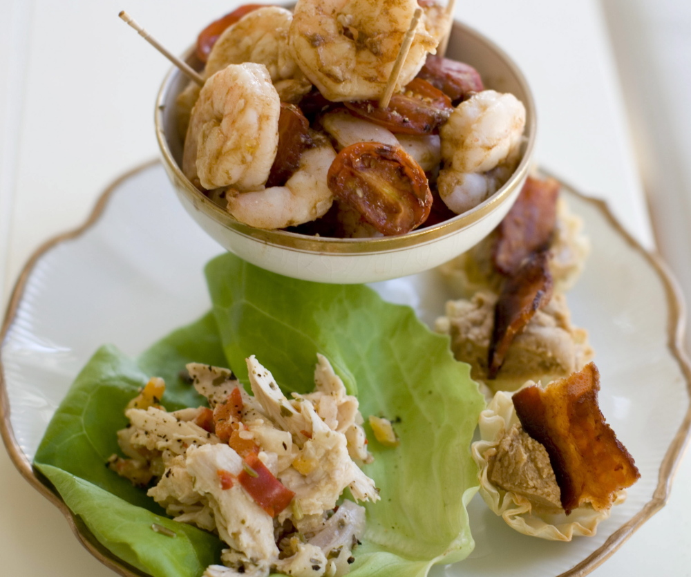 Roasted shrimp cocktail, pineapple chicken lettuce wraps and Elvis phyllo cups.
