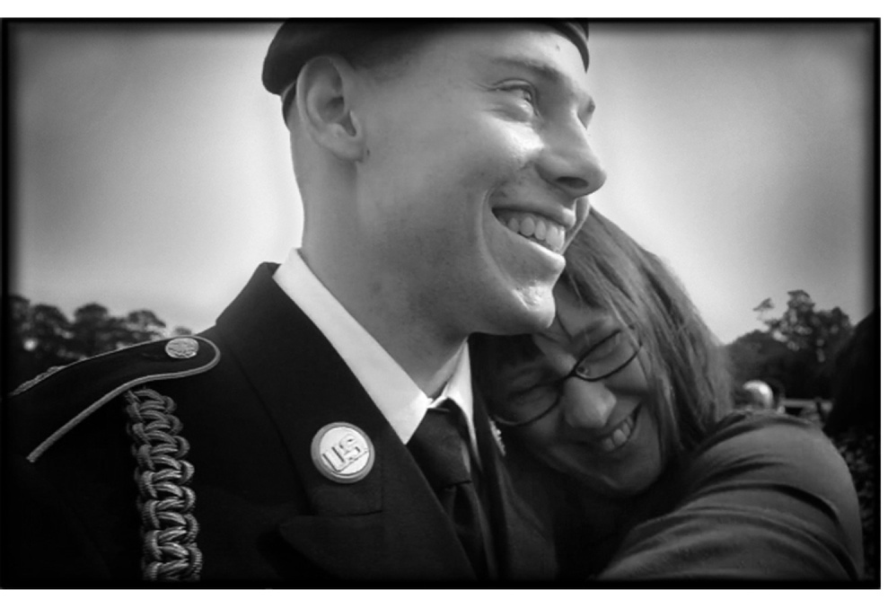 Spc. Kevin McCord of Cumberland with his mother, Su Sepples, at his Turning Blue ceremony at Fort Benning, Ga., on Oct. 31.