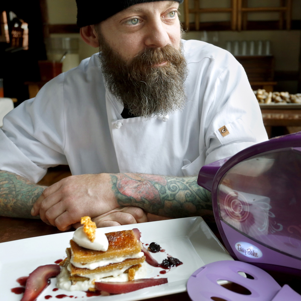 Brant Dadaleares, a pastry chef at Fore Street, created a maple creme brulee napoleon at the restaurant using an Easy-Bake Oven to make a portion of it.
