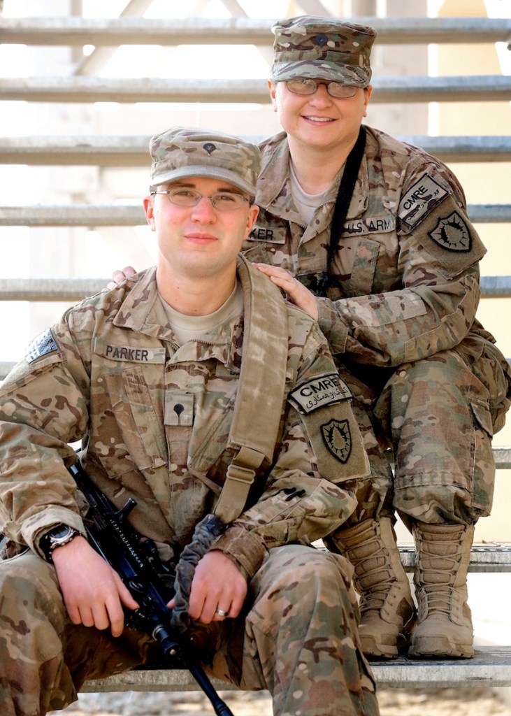 Spc. Holly Parker and her son, Spc. Andrew Parker, both members of the Maine 133rd Engineer Battalion, pose for a portrait together at Bagram Air Field in Afghanistan on Friday.