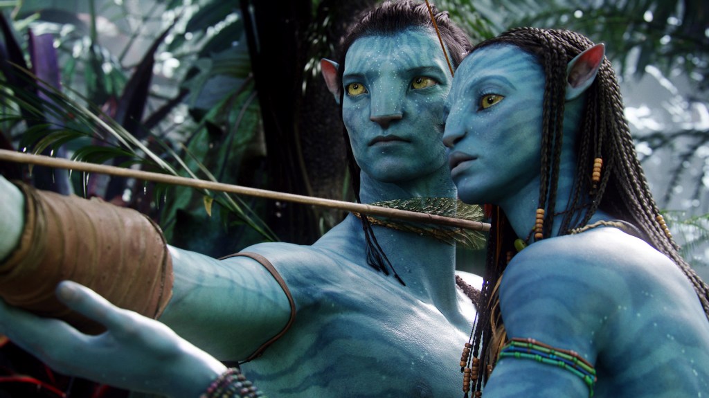 Neytiri, voiced by Zoe Saldana, right, and Jake, voiced by Sam Worthington, are shown in a scene from “Avatar.” Director James Cameron announced plans to shoot and produce the next three “Avatar” sequels largely in New Zealand. What Cameron gets out of the deal is a 25 percent rebate on production costs, as long as his company spends at least $413 million.