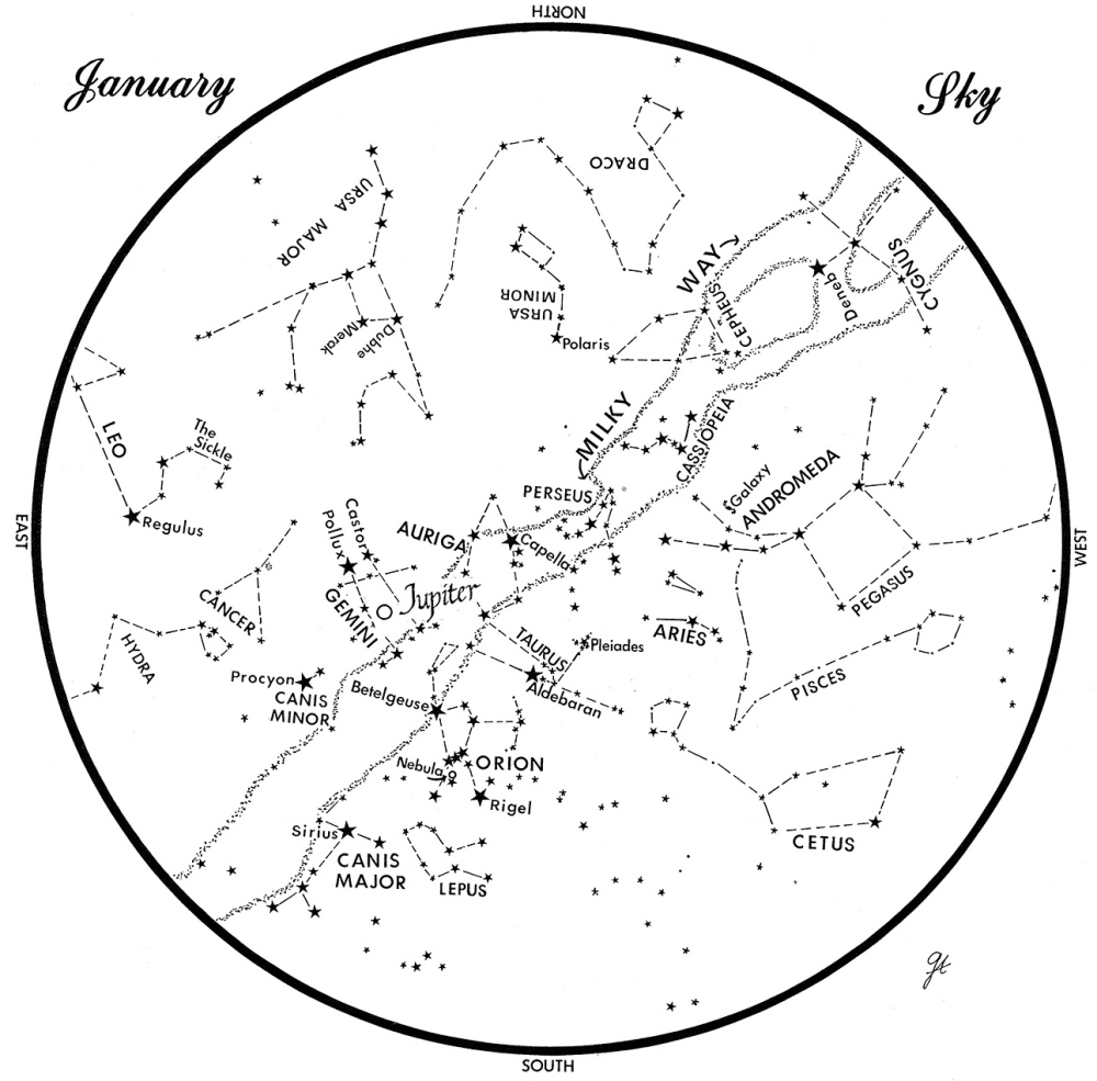 SKY GUIDE: This chart represents the sky as it appears over Maine during January. The stars are shown as they appear at 9:30 p.m. early in the month, at 8:30 p.m. at midmonth and at 7:30 p.m. at month’s end. Jupiter is shown in its midmonth position. To use the map, hold it vertically and turn it so that the direction you are facing is at the bottom.