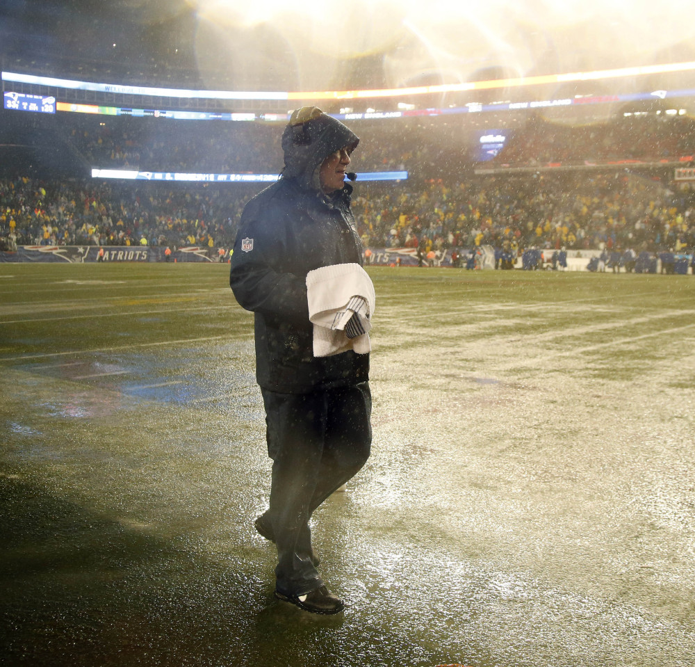 Patriots Coach Bill Belichick had to work on the sidelines of a drenched field Sunday but, hey, Gillette Stadium has two weeks to recover before the playoffs begin for New England.