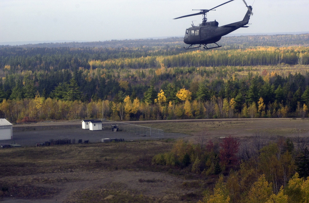 A Maine Army National Guard helicopter approaches Canadian Forces Base Gagetown in New Brunswick. According to military documents obtained by Canadian veterans, 3 million pounds of herbicides and defoliants were used at Gagetown over a 30-year period.