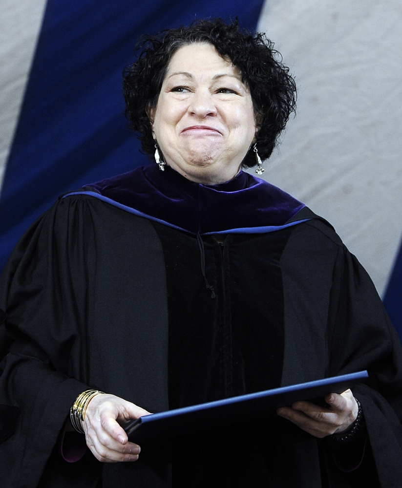 In this May 20, 2013, file photo, Supreme Court Justice Sonia Sotomayor smiles after receiving a Honorary Doctor of Laws during commencement at Yale University in New Haven, Conn. Sotomayor will lead the 60-second countdown and push the ceremonial button to signal the descent of the Times Square New Year’s Eve ball.