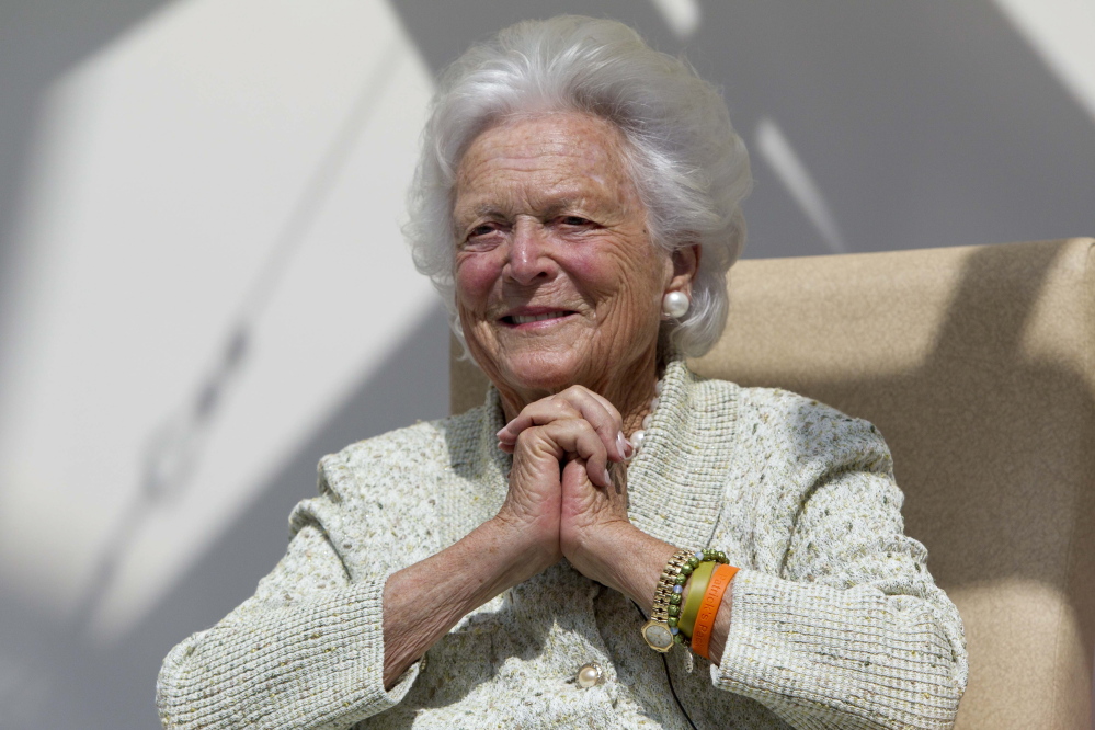 In this Thursday, Aug. 22, 2013 file photo, former first lady Barbara Bush listens to a patient’s question during a visit to the Barbara Bush Children’s Hospital at Maine Medical Center in Portland, Maine. Former first lady Barbara Bush has been hospitalized in Houston with a respiratory-related issue, Tuesday, Dec. 31, 2013. A statement Tuesday night from the office of her husband, former President George H.W. Bush, said she was admitted to Houston Methodist Hospital on Monday.