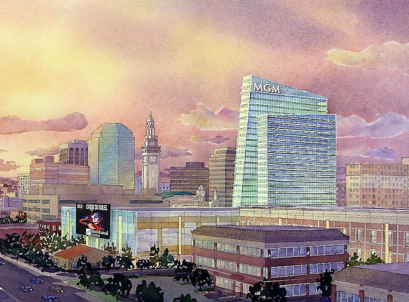 This Wednesday, Aug. 22, 2012 file photo of an artist rendering provided by MGM Resorts International via The Republican shows part of a proposed casino complex in Springfield, Mass. MGM Resorts International was cleared by state gambling regulators on Monday, Dec. 23, 2013, to pursue a casino in Springfield. The five-member Massachusetts Gaming Commission issued a positive determination of suitability for MGM, saying the company had met its standards in several areas including honesty and integrity, and financial stability.
