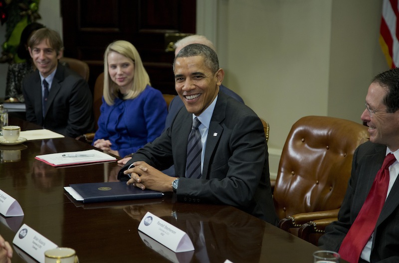 President Barack Obama meets with technology executives in the Roosevelt Room the White House in Washington, Tuesday, Dec. 17, 2013. From left are, Mark Pincus, founder, Chief Product Officer & Chairman, Zynga; Marissa Mayer, President and CEO, Yahoo!, Obama, and Randall Stephenson, Chairman & CEO, AT&T.