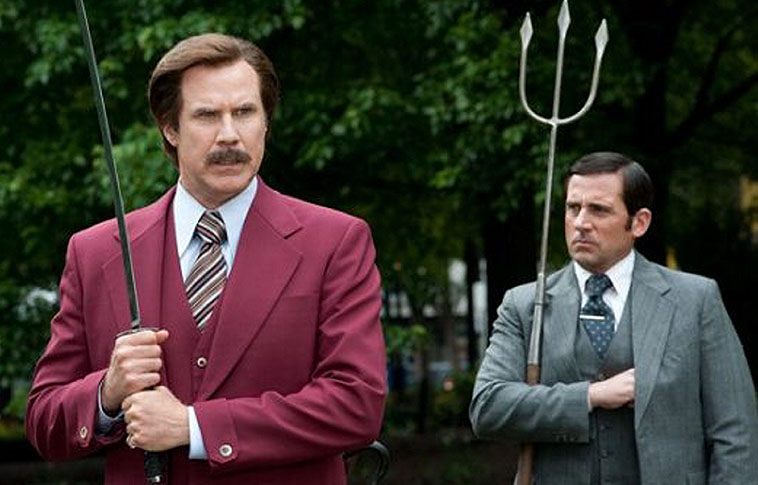 Will Farrell, left, as Ron Burgundy and Steve Carell as Brick Tamland in "Anchorman 2: The Legend Continues," opening Wednesday.