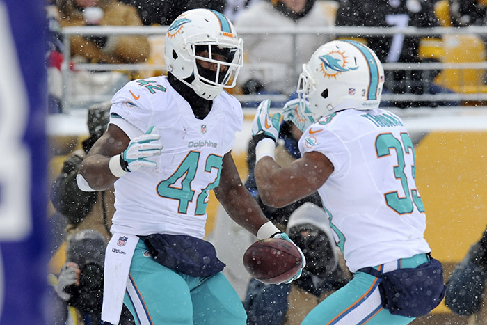 Miami Dolphins tight end Charles Clay, left, celebrates with unning back Daniel Thomas after a touchdown during a game against the Pittsburgh Steelers on Sunday.