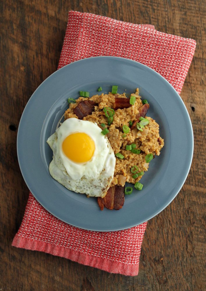 Oatmeal offers flavor and texture when topped with a soft-cooked egg.