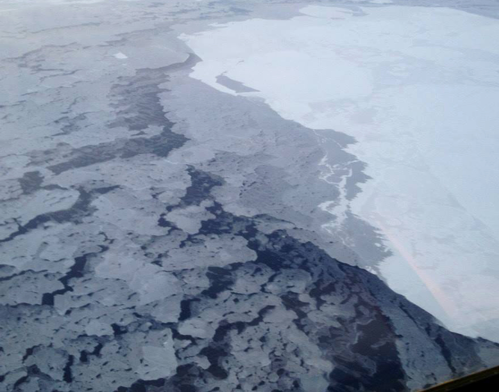 A U.S. government handout photo shows the difference in brightness between the Arctic ice, at right, and the nearby sea. The ice reflects more of the sun’s rays back into space.