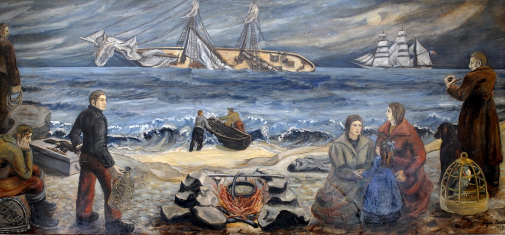 The 1864 wreck of the British steamship RMS Bohemian is depicted in this mural inside the post office at 15 Cottage Road in South Portland. “Shipwreck at Night” was painted in 1939 by Alzira Peirce, the wife of Bangor-born painter Waldo Peirce.